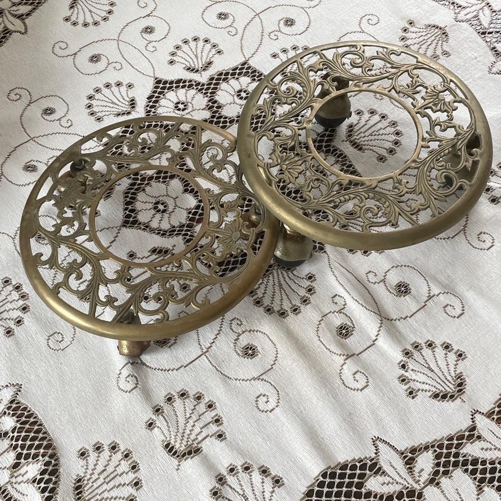 Vintage Round Brass Plant Rolling Caster Stand 2 Victorian Hollywood